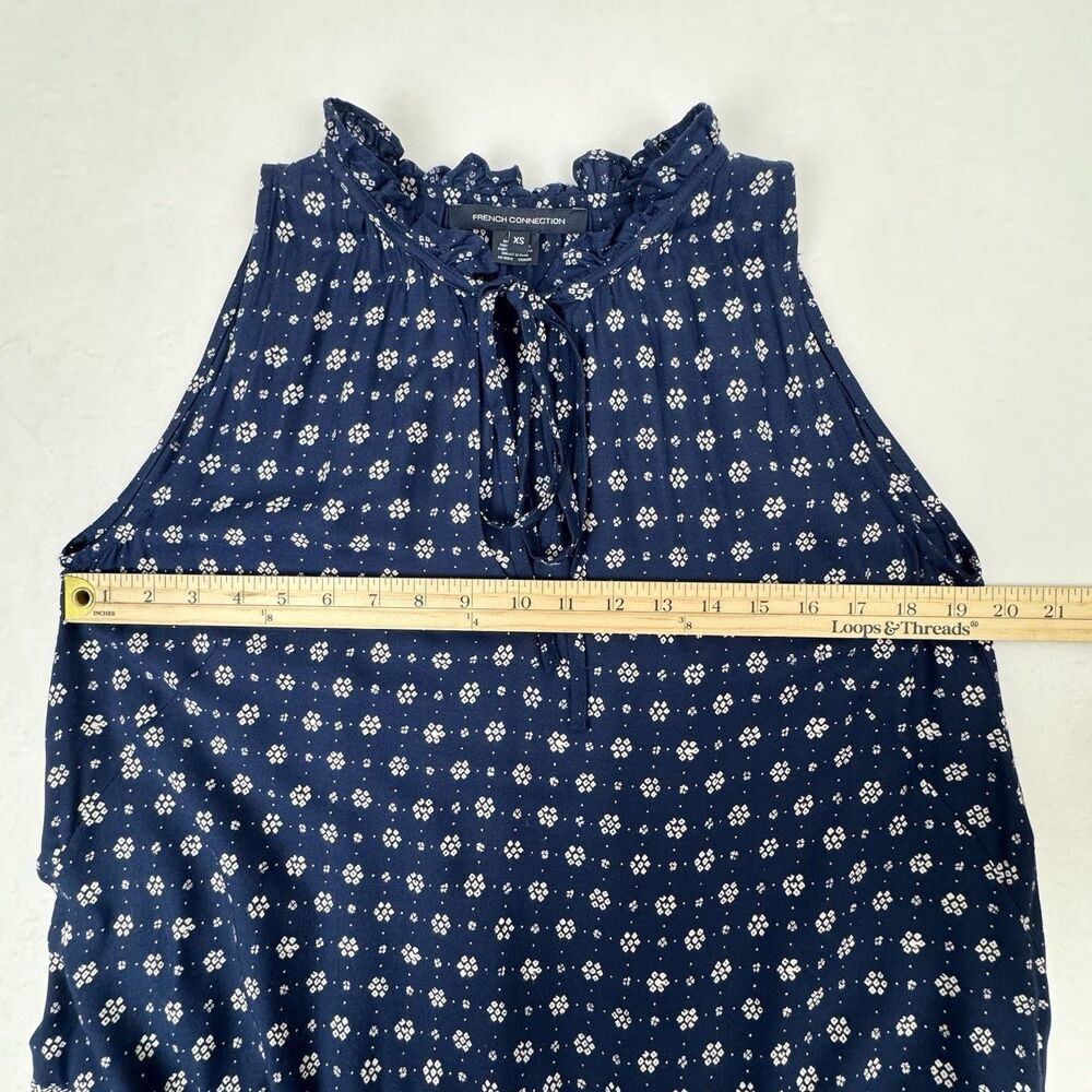 French Connection Dress XS Navy Floral High Neck Keyhole Peasant Boho Cottage - Picture 15 of 16